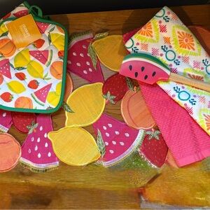 Vibrant Summer Fruit-Themed Pot holders, table runner, towels and spatula